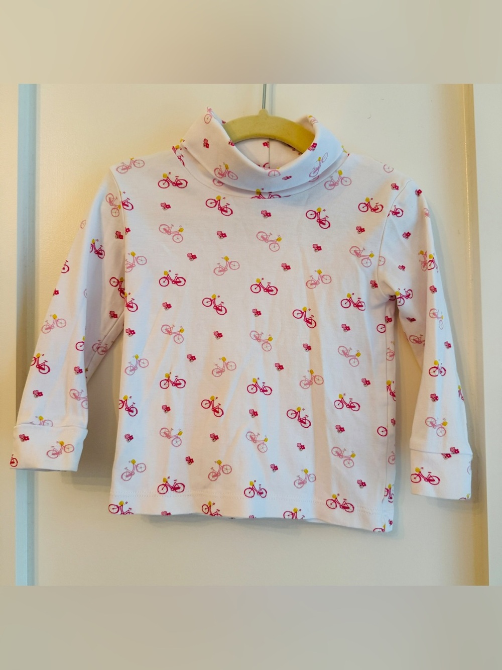 Little English White Turtleneck Tee with Pink & Yellow Bike Print